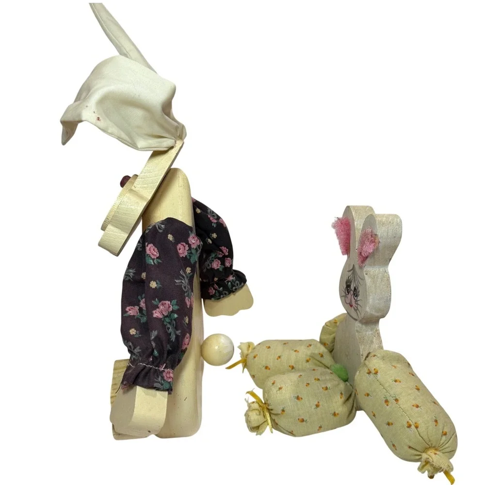 Vintage Wooden Easter Bunny Set Handmade Painted Grandmacore Cottagecore Spring